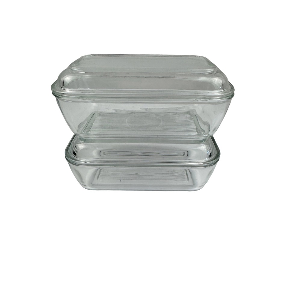 Arcoroc France Clear Glass Refrigerator Storage Containers Ribbed Set of 2 Lids